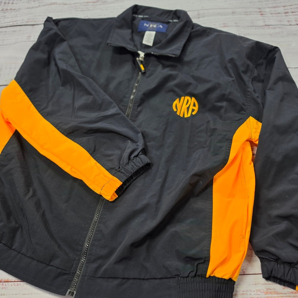 NRA Windbreaker Jacket Mens XL Black Orange‎ Excellent Full Zip Sporty Logo